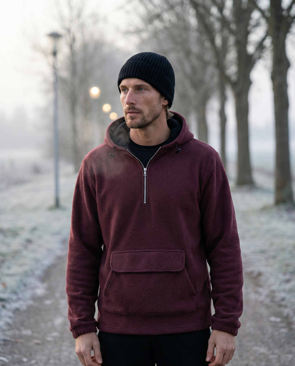 Fleece Half Zip Hoodie - Wine Red